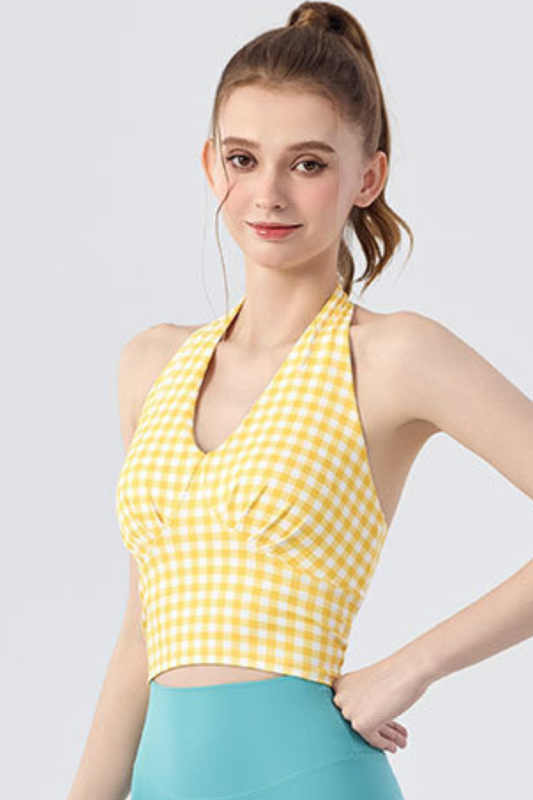 Women's Gingham Halter V-Neck Yoga Tank Top