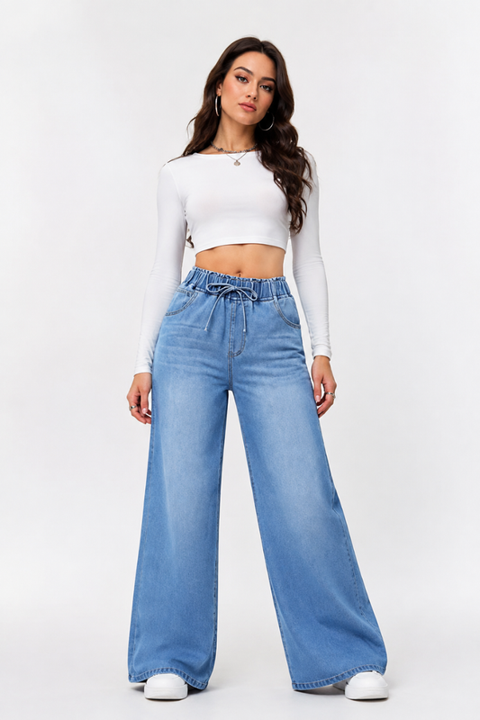 Women's Fall Drawstring Elastic Waist Wide Leg Jeans
