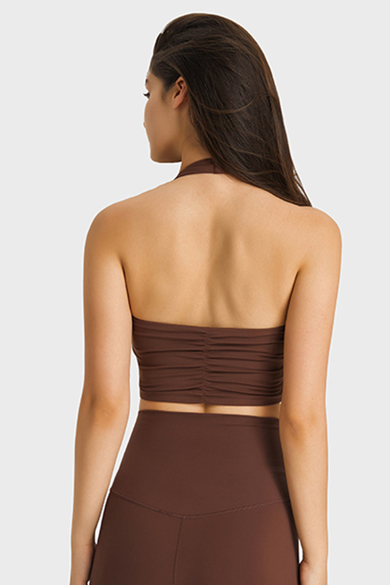 Women Sexy Halter Seamless Ruching Back Sports Bra