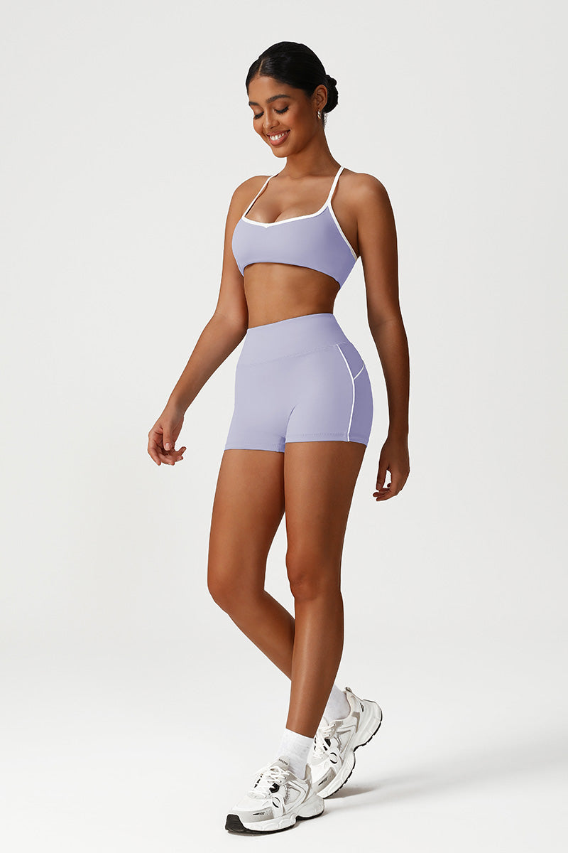 Women Seamless High Waisted Workout Set: Cross Back Sports Bra + Peach Lifting Shorts