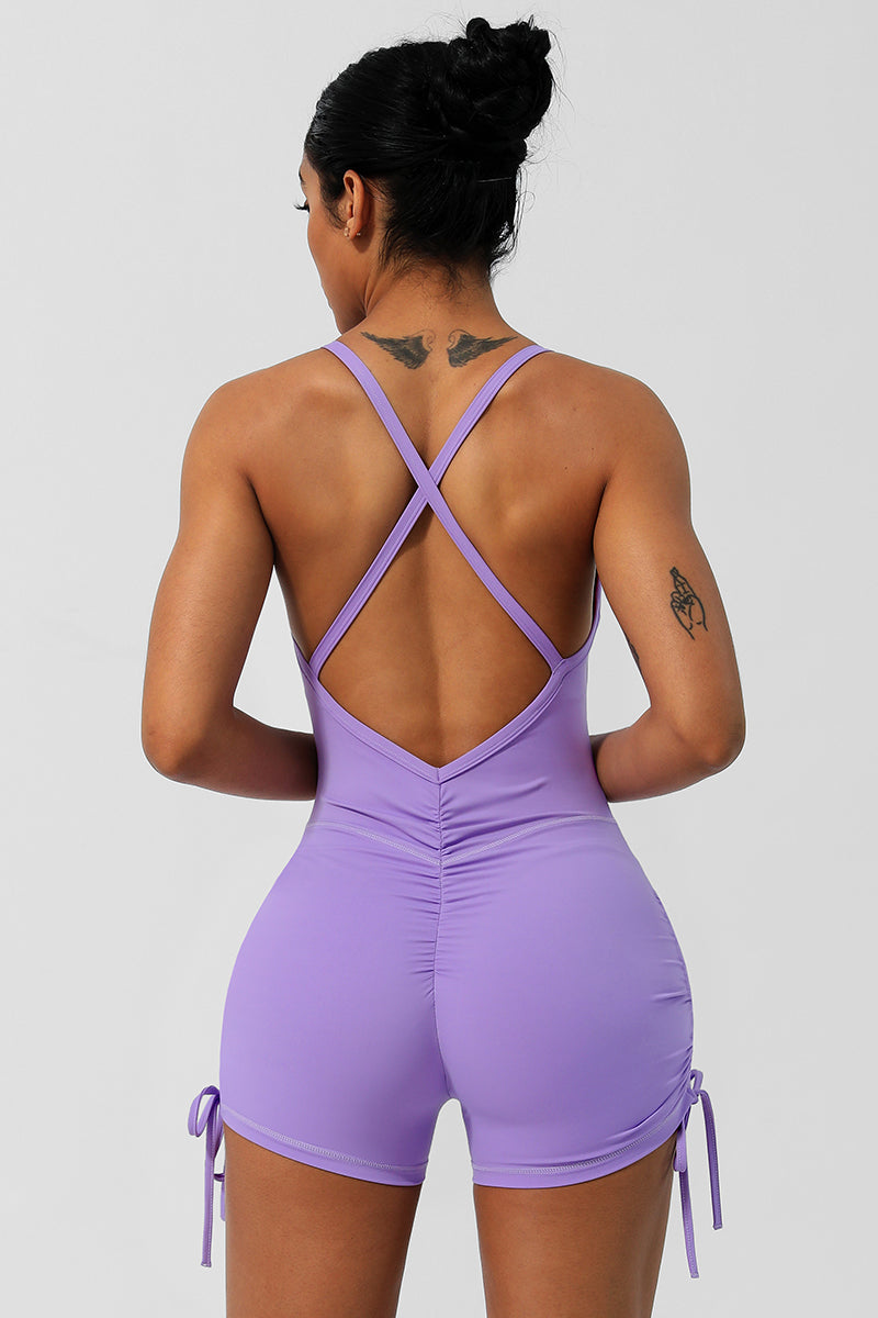 Women Criss Cross Back Drawstring Sport Jumpsuit