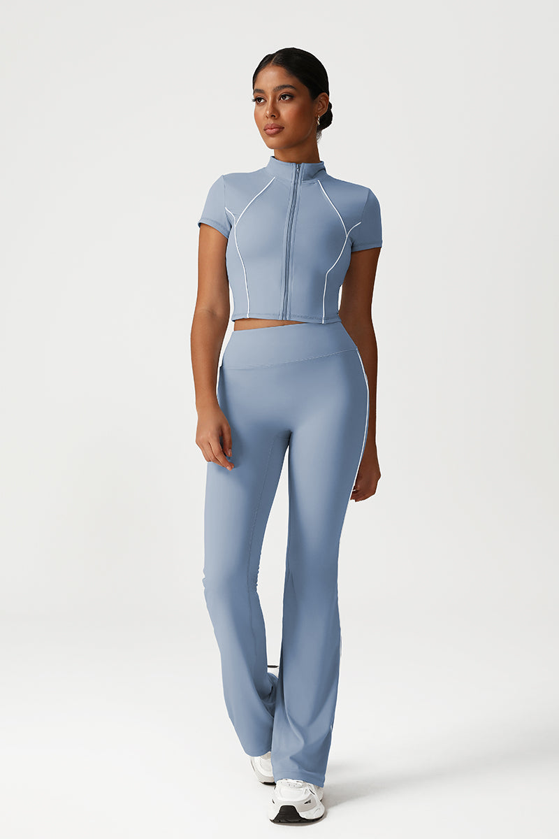 Women Seamless High Waisted Flared Yoga Set: Stand Collar Jacket + Flared Leggings