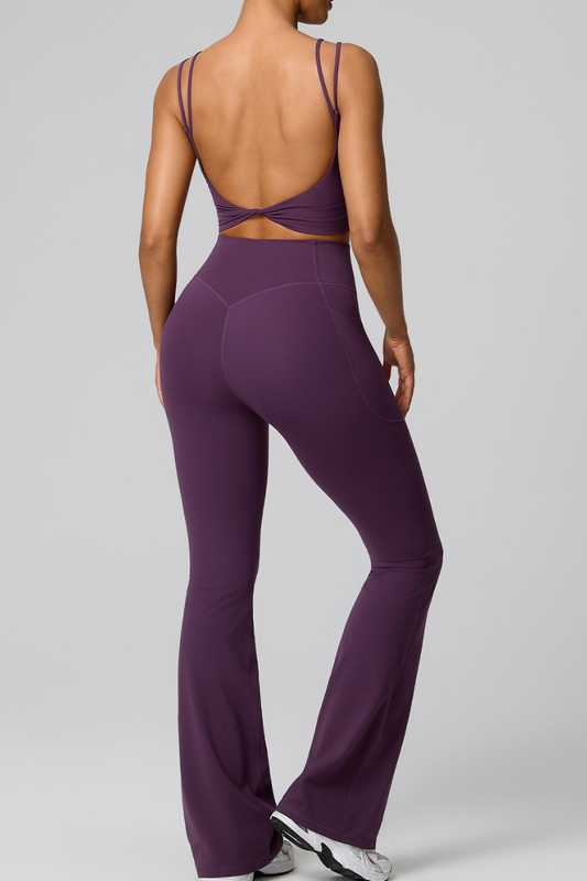 Women's Double Strap Twist Back Cami & Flare Yoga Pants Set