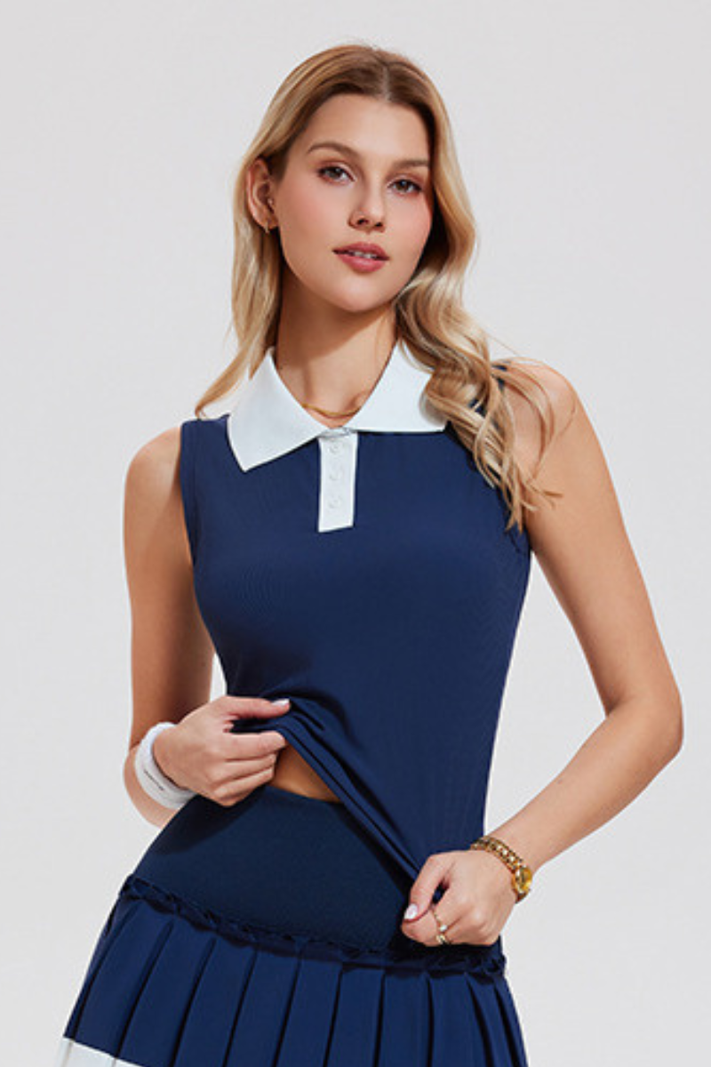 Women's Color Block Polo Collar Sleeveless Tennis Tank Top