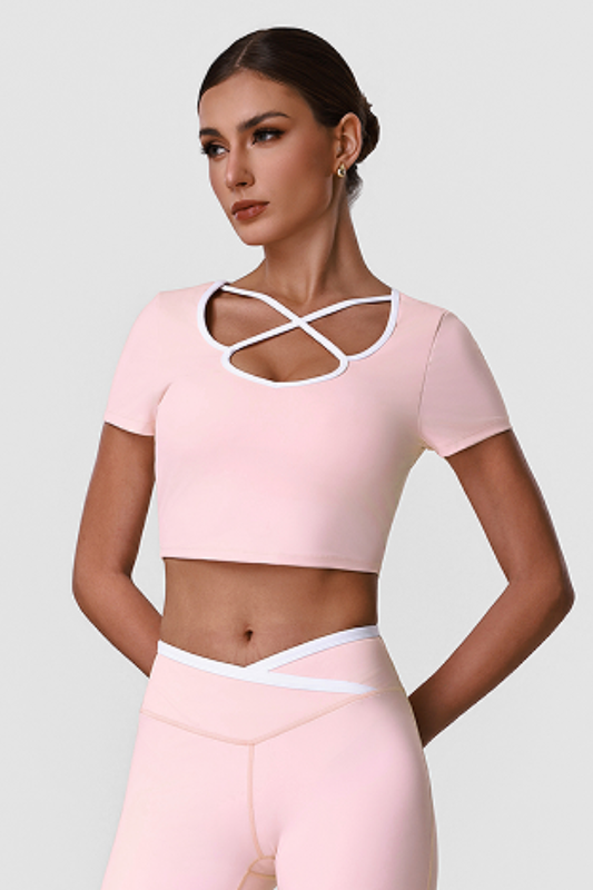 Women's Contrast Cross Cutout Neckline Cropped Workout Tee