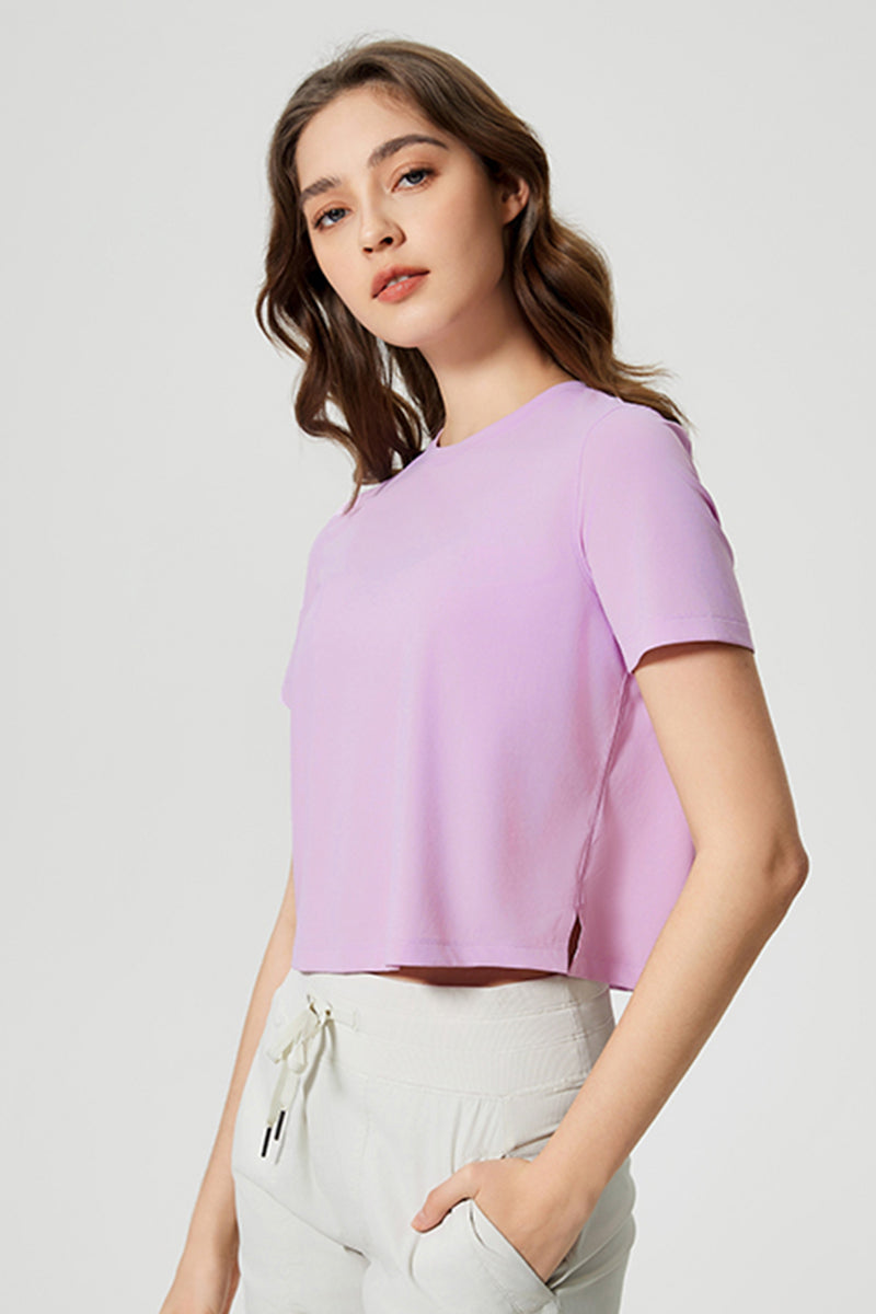 Women Round Neck Cropped Loose Quick-Dry Cool Touch Yoga Workout T-Shirt
