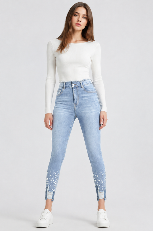 Women's High Waist Pearl Embellished Stretch Skinny Jeans
