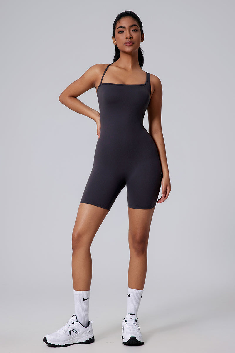 Women Asymmetric Back Cutout Ruching Butt-Lift Yoga Dance Built-In Shorts Bodysuit