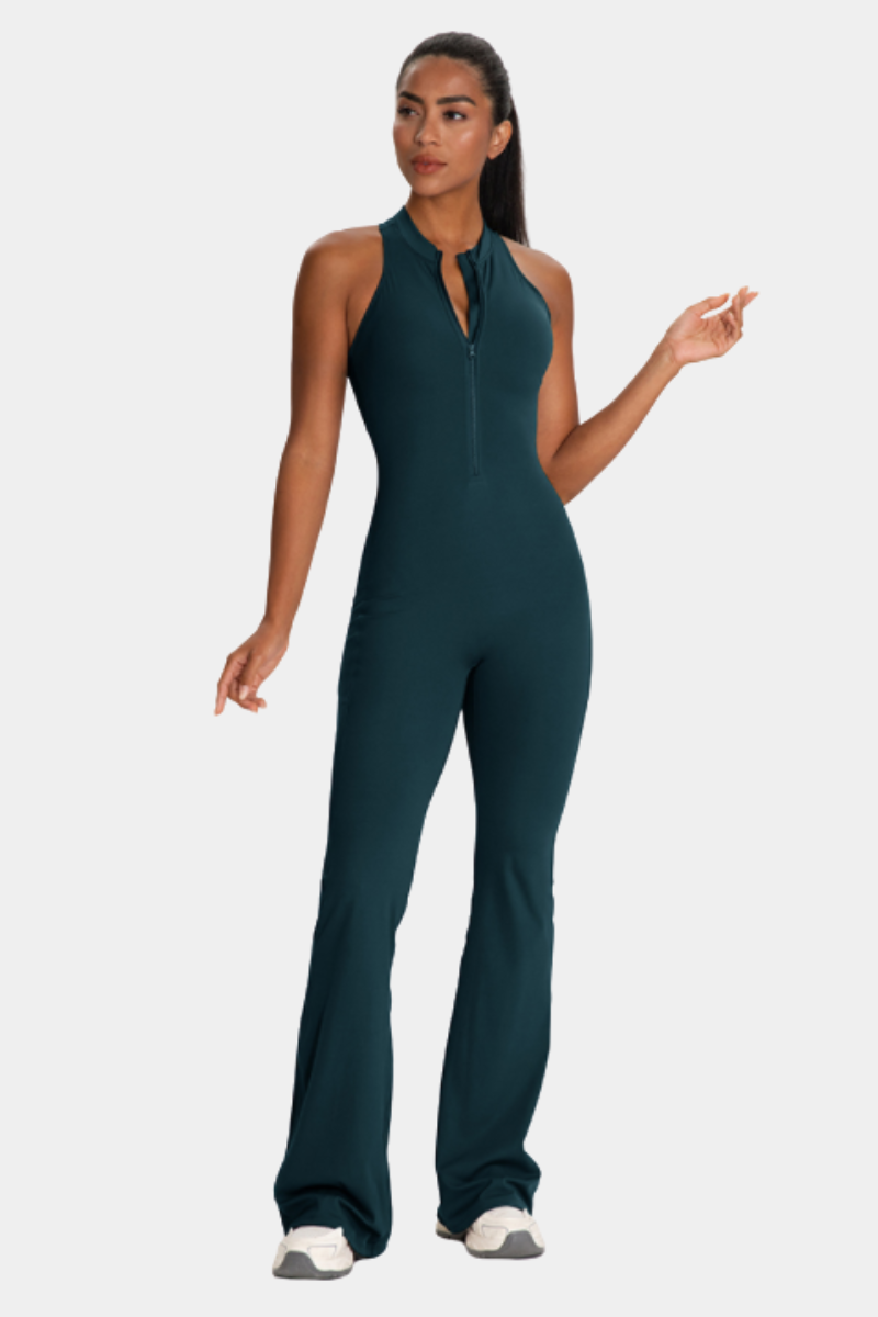 Women's Cut Out Pleated Buttocks Lift Pocket Flared Jumpsuit