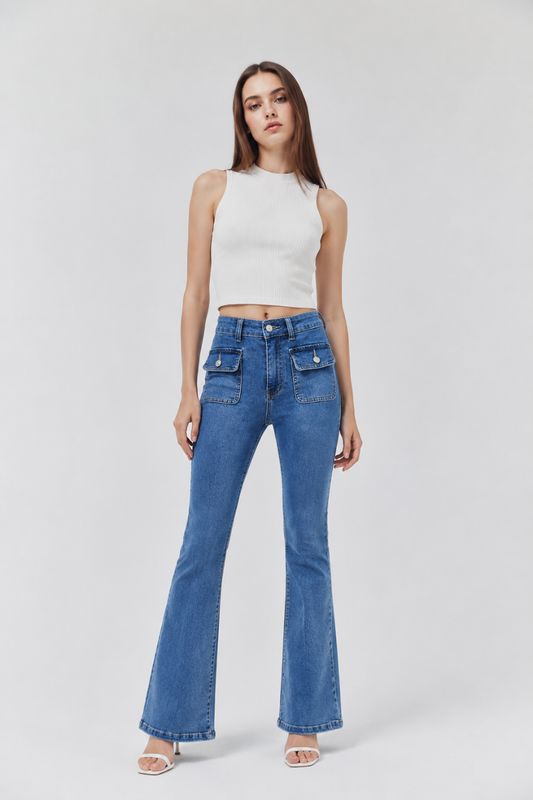Women's High Waist Flare Jeans with Button Front Pockets
