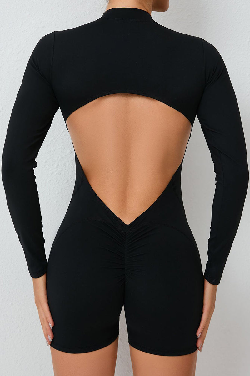 Women Hollow Out Backless Half Zip Peach Hip Sports Fitness Quick Dry Yoga