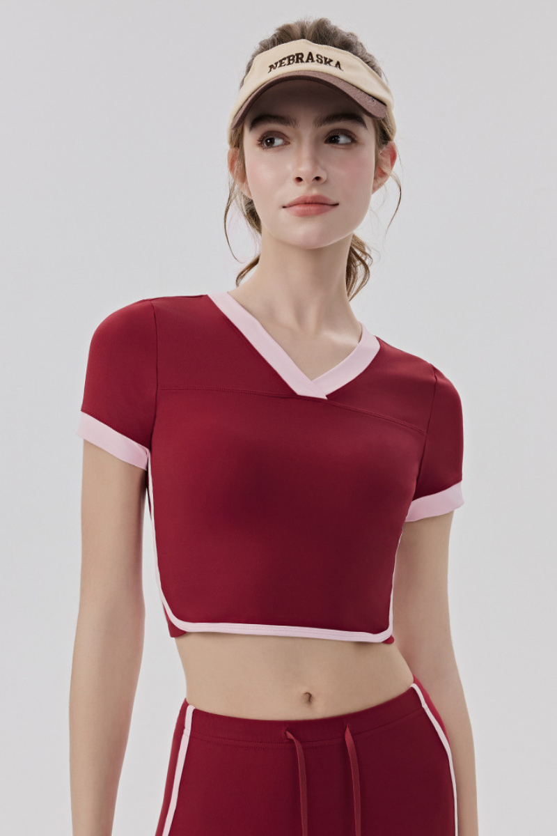 Women Slim Color Block V neck Cropped Yoga Athletic Tee