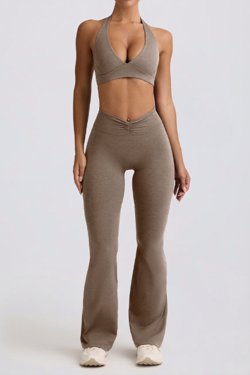 Women's Brushed Pleated Sports Yoga Bra And Flared Pant Set