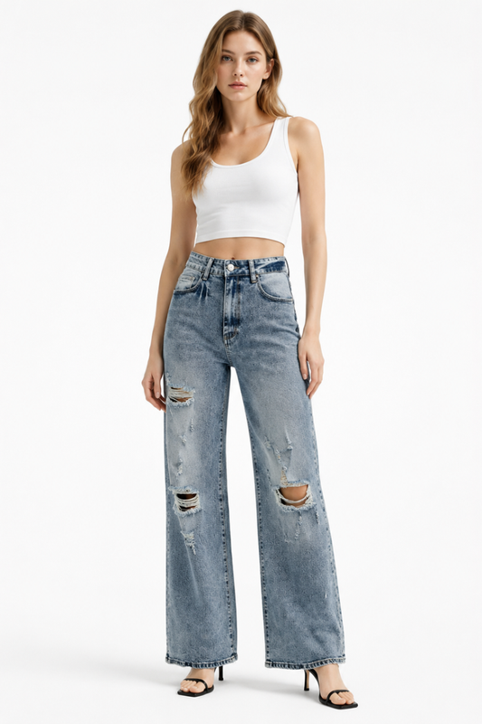 Women's High Waist Distressed Ripped Wide Leg Jeans
