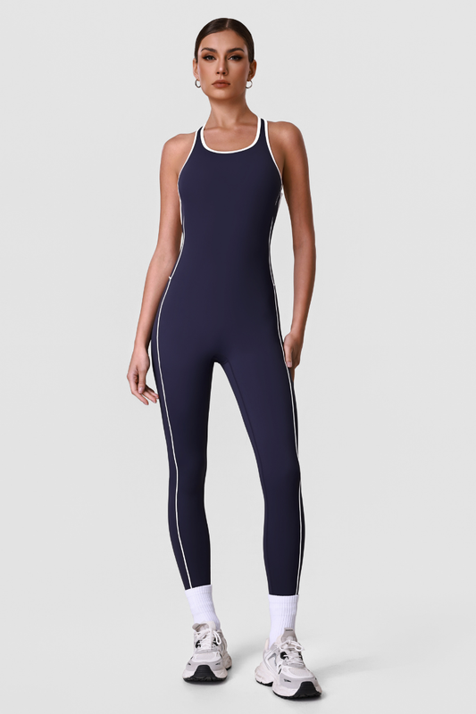 Women's Contrast Piping Crisscross Back Yoga Jumpsuits