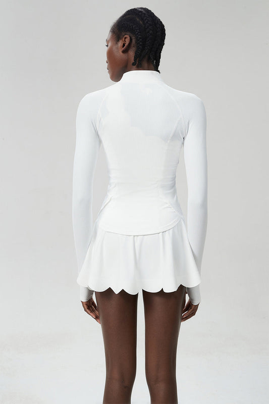 Women Single-Strap Tennis Sport Set: Wave-Hem Quick-Dry Lycroca Bra + Built-In Shorts Skort + Slim-Fit Zip-Training Jacket