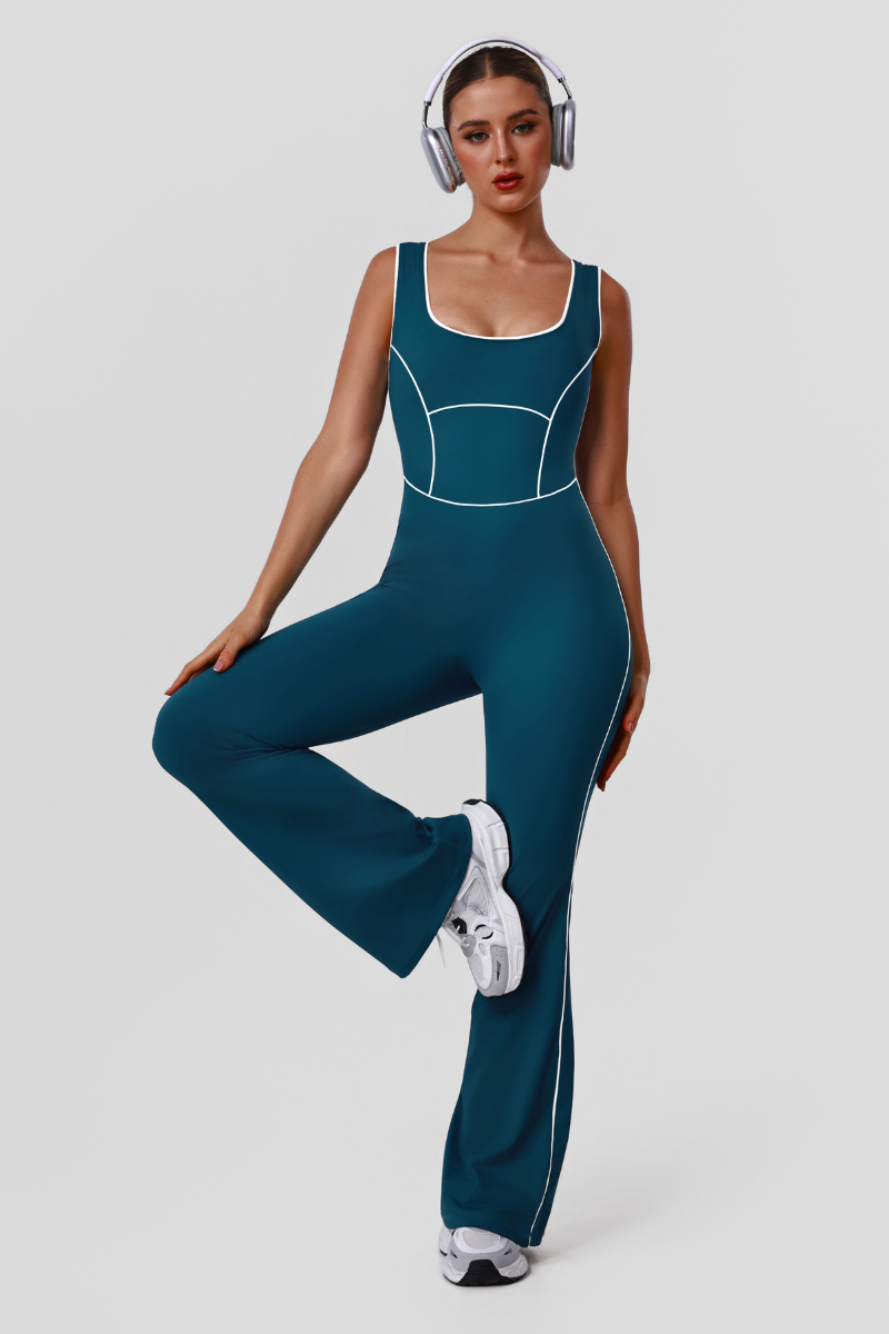Women's Athletic Color Block U-Neck Flared Pants Jumpsuit