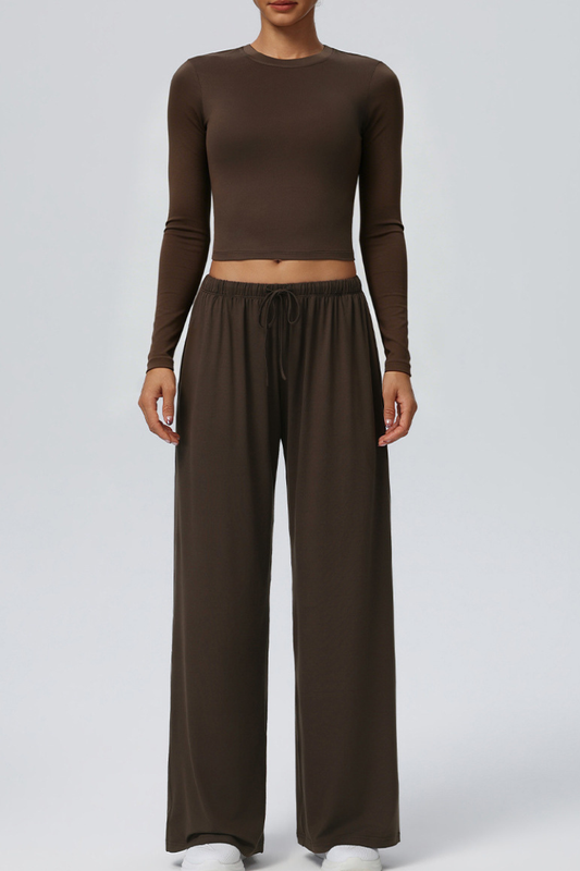 Women's Crew Neck Cropped Top and Casual Pants 2 Piece Set