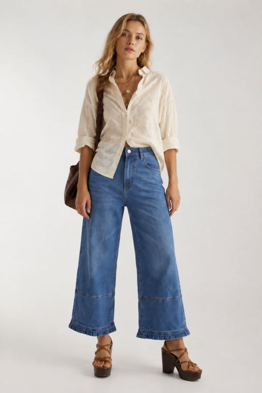 Women's High Waist Wide Leg Jeans with Ruffle Hem