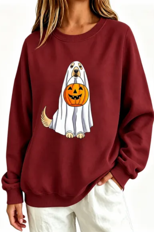 Women's Fall Ghost Dog Pumpkin Graphic Halloween Sweatshirt