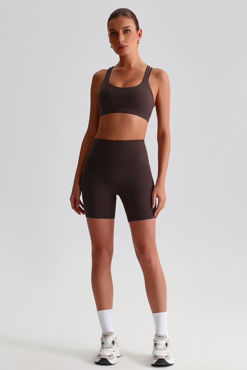 Women Naked Sensation Yoga Shorts Set: Cross-Back Bra + High-Waisted Sculpting Shorts
