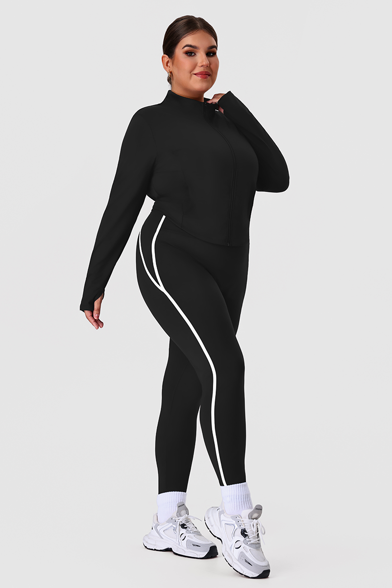 Plus Size Women's Yoga Two-Piece Set: Jacket & Side Color-Block Leggings