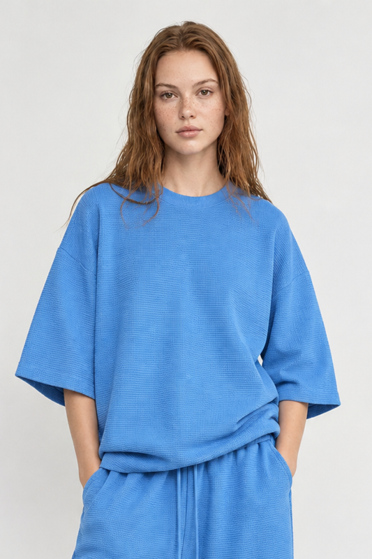 Women's Drop Shoulder Loose Crew Neck Waffle Knit T-shirt
