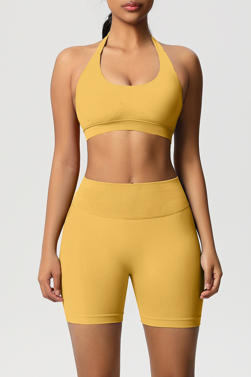 Women Halter Neck Yoga Set: High-Waisted Sculpting Shorts + Backless Sports Bra
