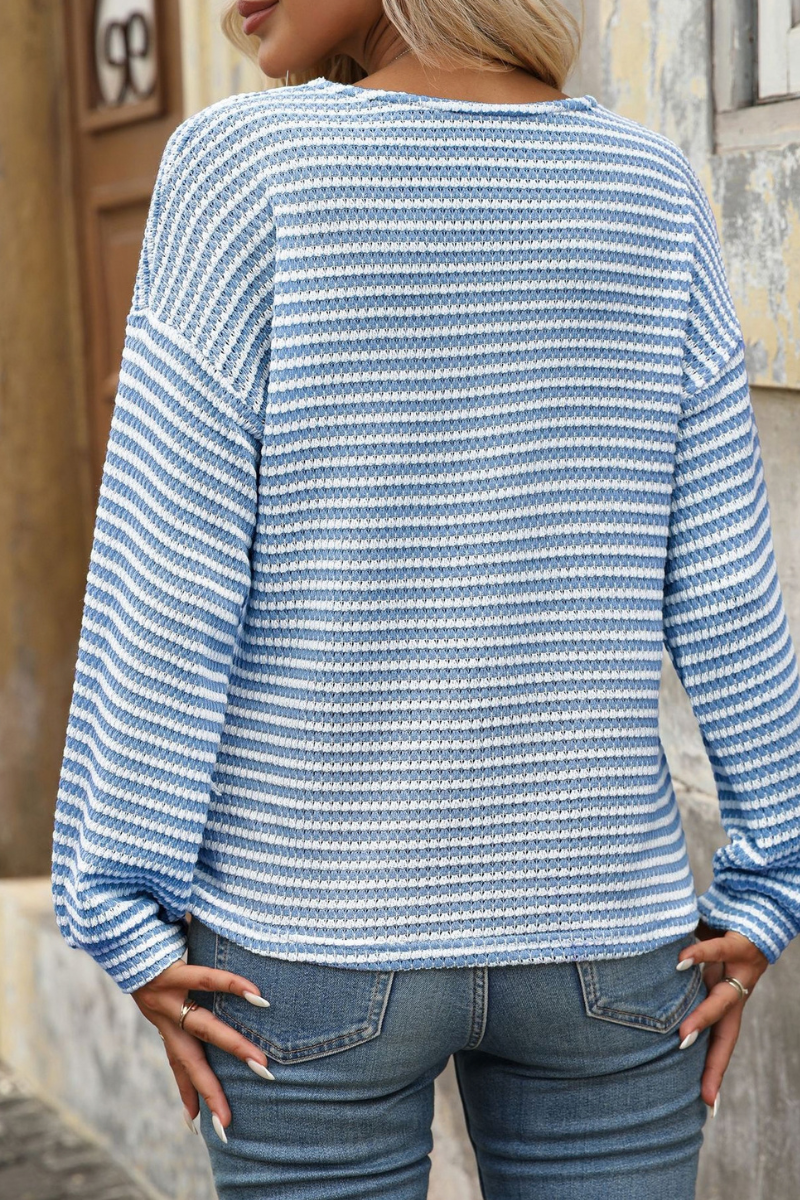 Women's Fall Striped V-Neck Button Detail Long Sleeve Top
