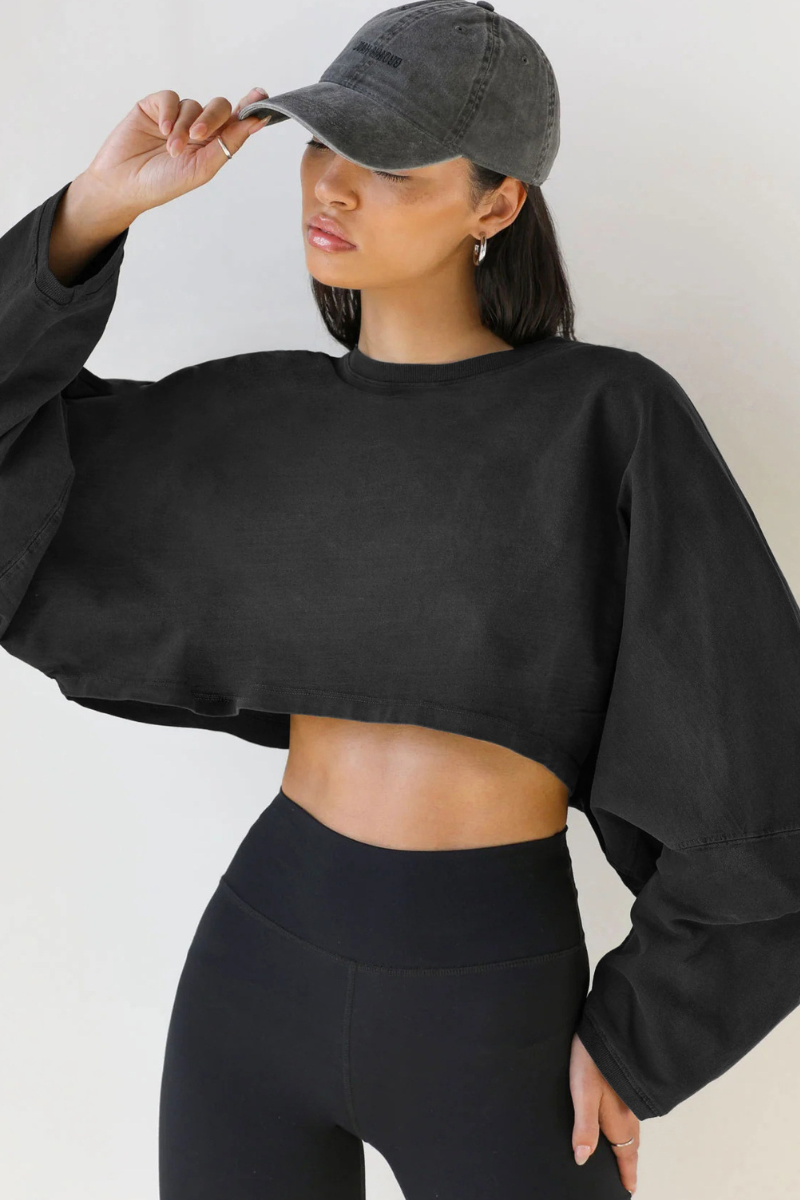 Women's Fall Cropped Drop Shoulder Relaxed Long Sleeve Top