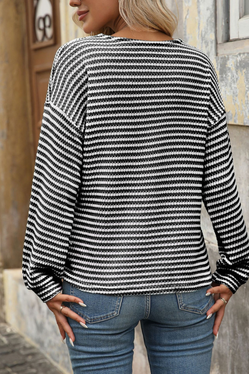 Women's Fall Striped V-Neck Button Detail Long Sleeve Top