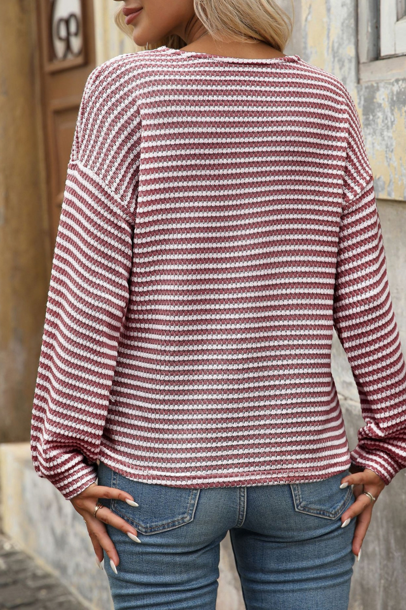 Women's Fall Striped V-Neck Button Detail Long Sleeve Top