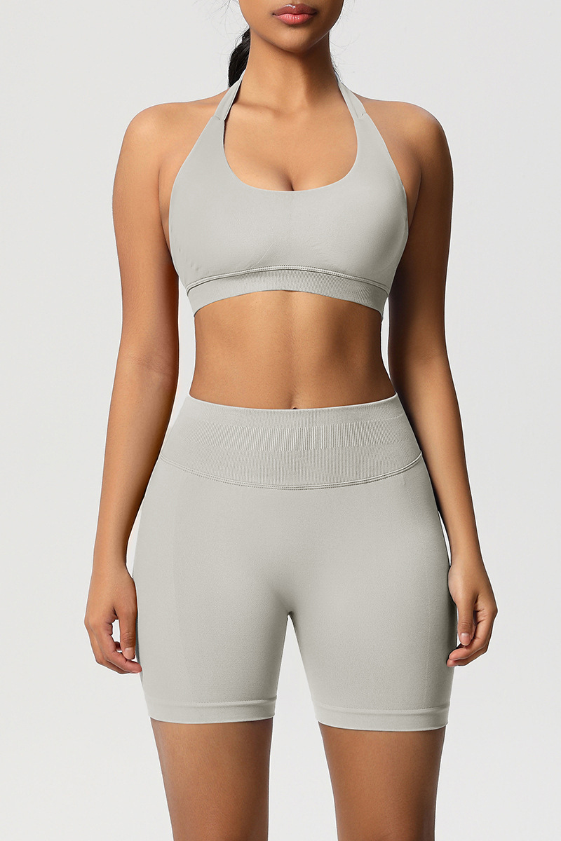 Women Halter Neck Yoga Set: High-Waisted Sculpting Shorts + Backless Sports Bra