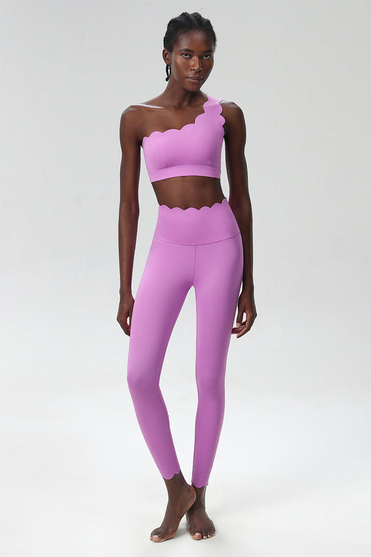 Women Wave Hem Liquid Yoga Set - One-Shoulder Bra & Sculpting Leggings