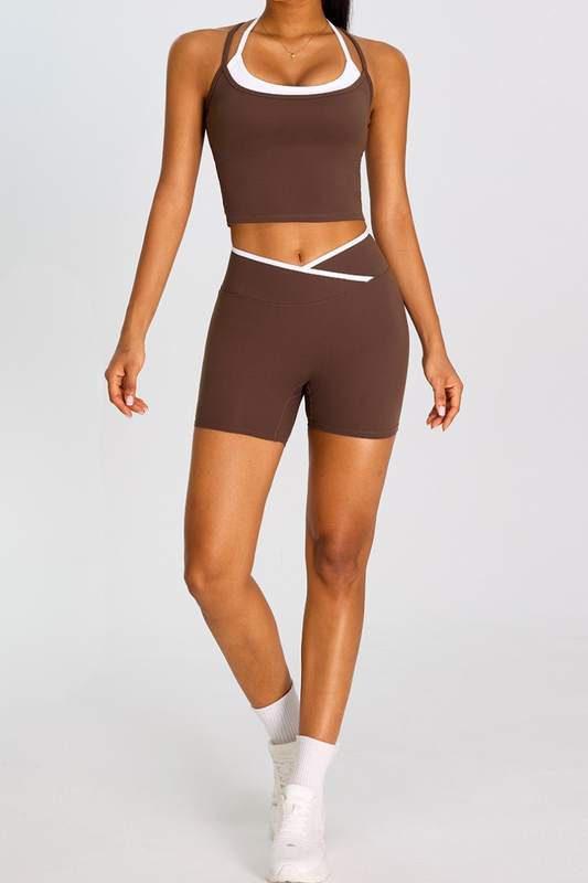 Women's Color-Block Cross-Back Tank Top And Shorts Sport Set