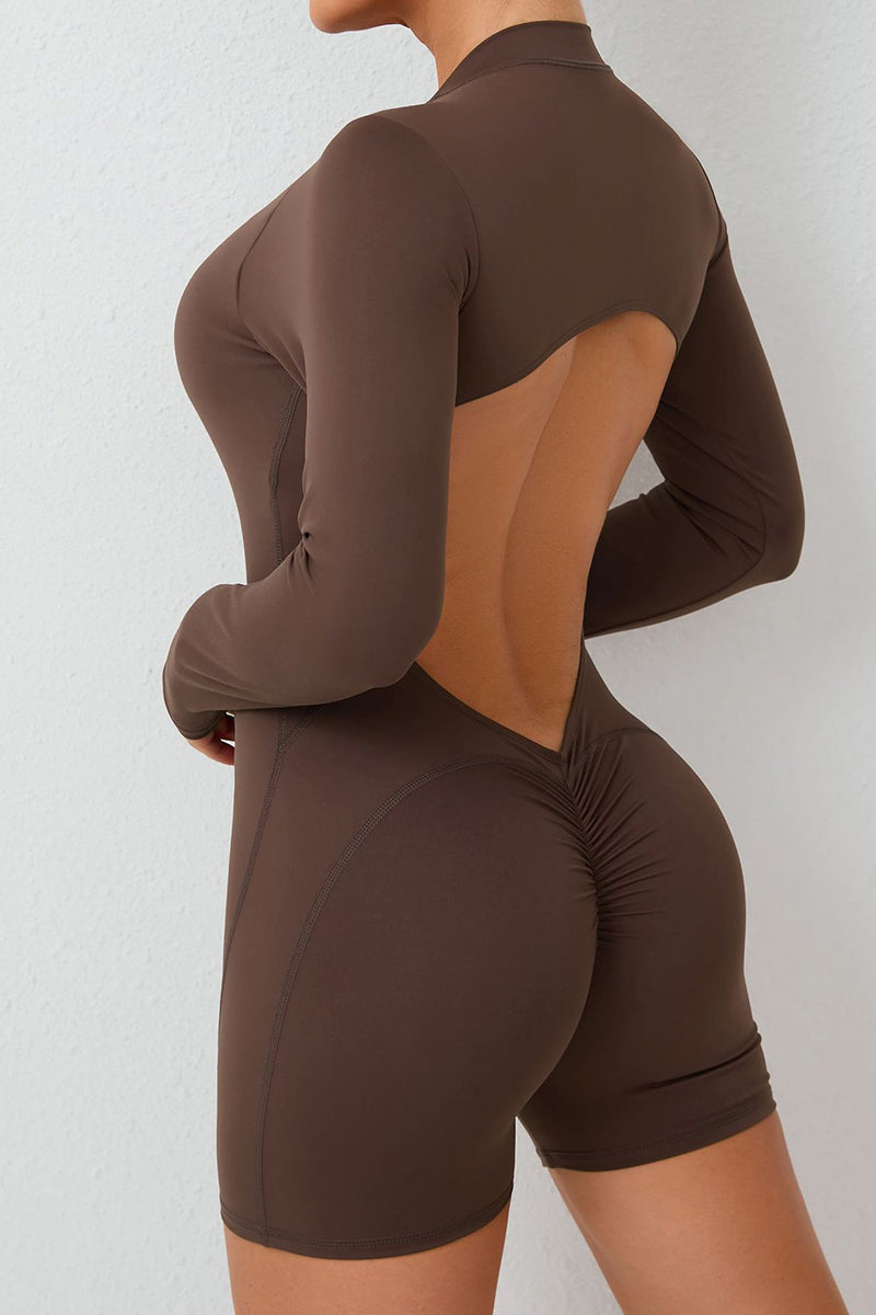 Women Hollow Out Backless Half Zip Peach Hip Sports Fitness Quick Dry Yoga