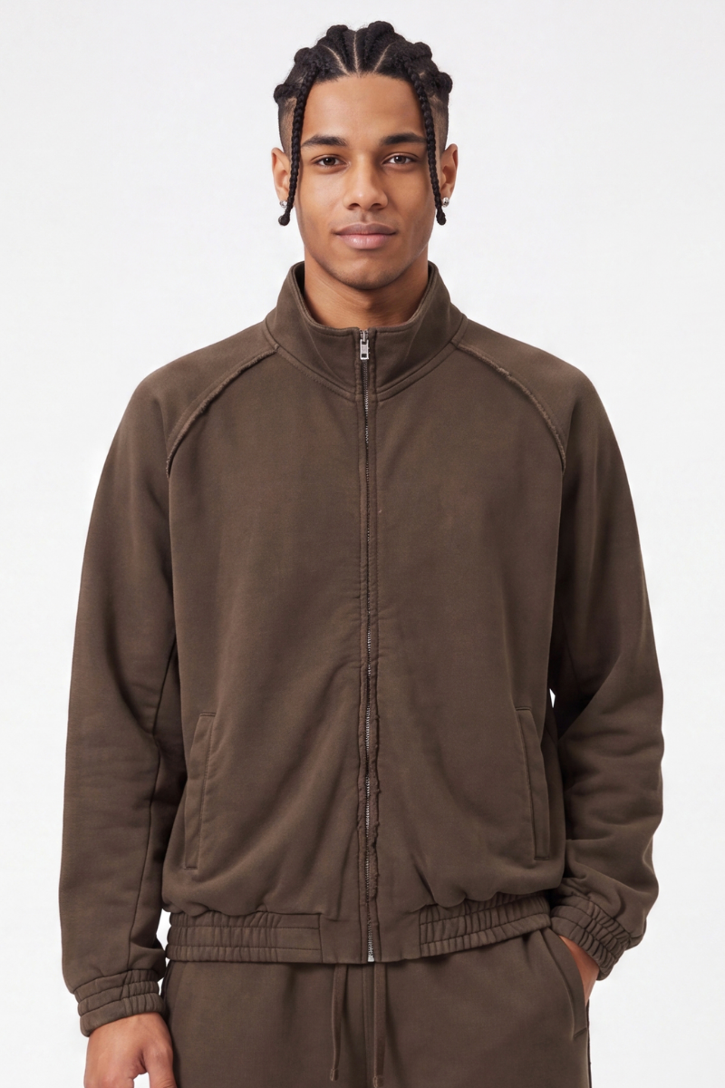 Men's Fall  100% Cotton Washed Faded Raw Edge Zip Up Jacket