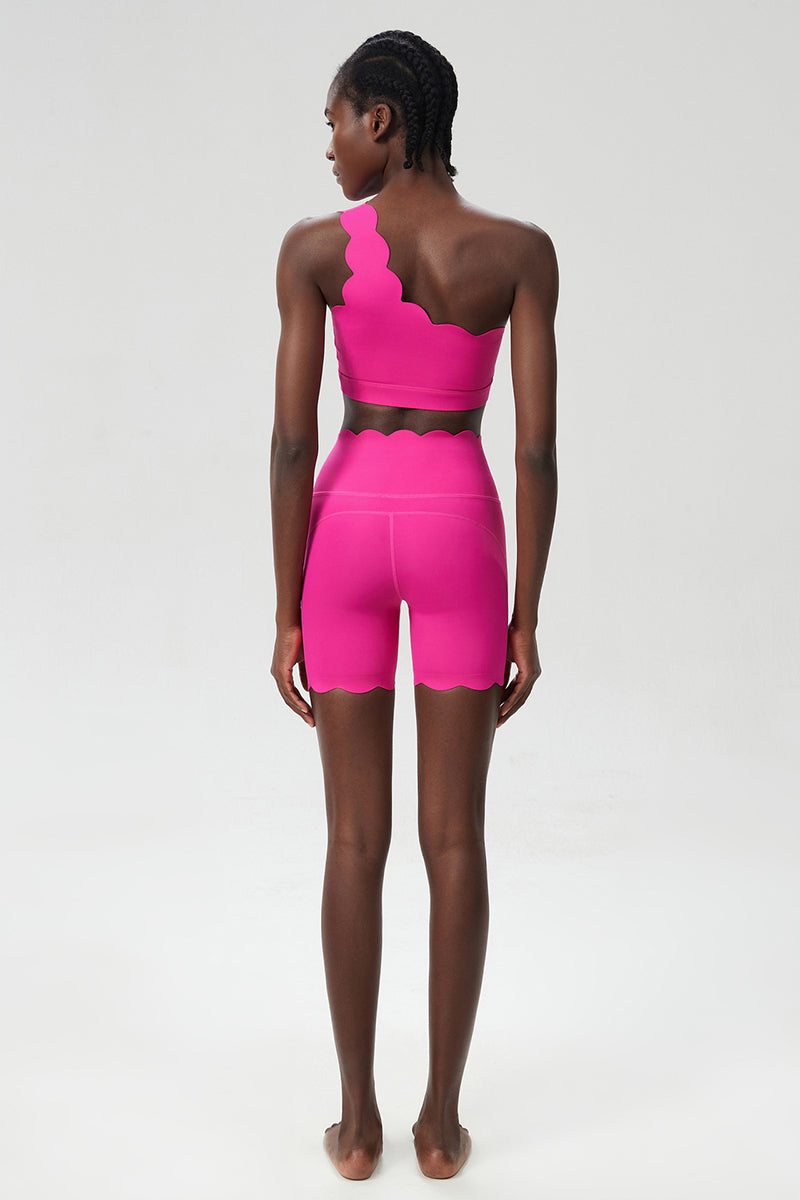 Women Scalloped High-Neck Plus Size Yoga Set - One-Shoulder Quick-Dry Bra & Wave Hem Shorts