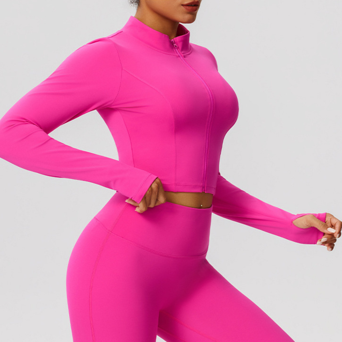 Women's Mock Neck Zipper Cropped Finger Cuffs Sports Jacket