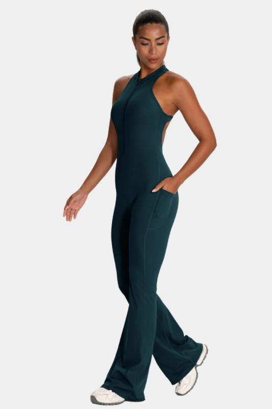 Women's Cut Out Pleated Buttocks Lift Pocket Flared Jumpsuit