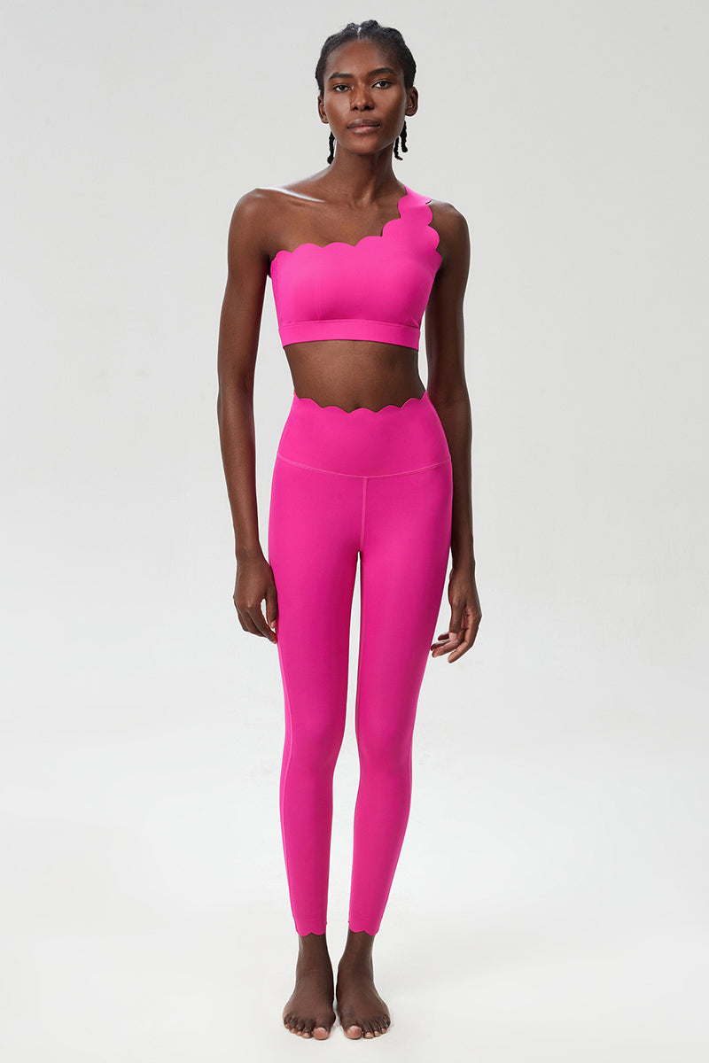 Women Wave Hem Liquid Yoga Set - One-Shoulder Bra & Sculpting Leggings