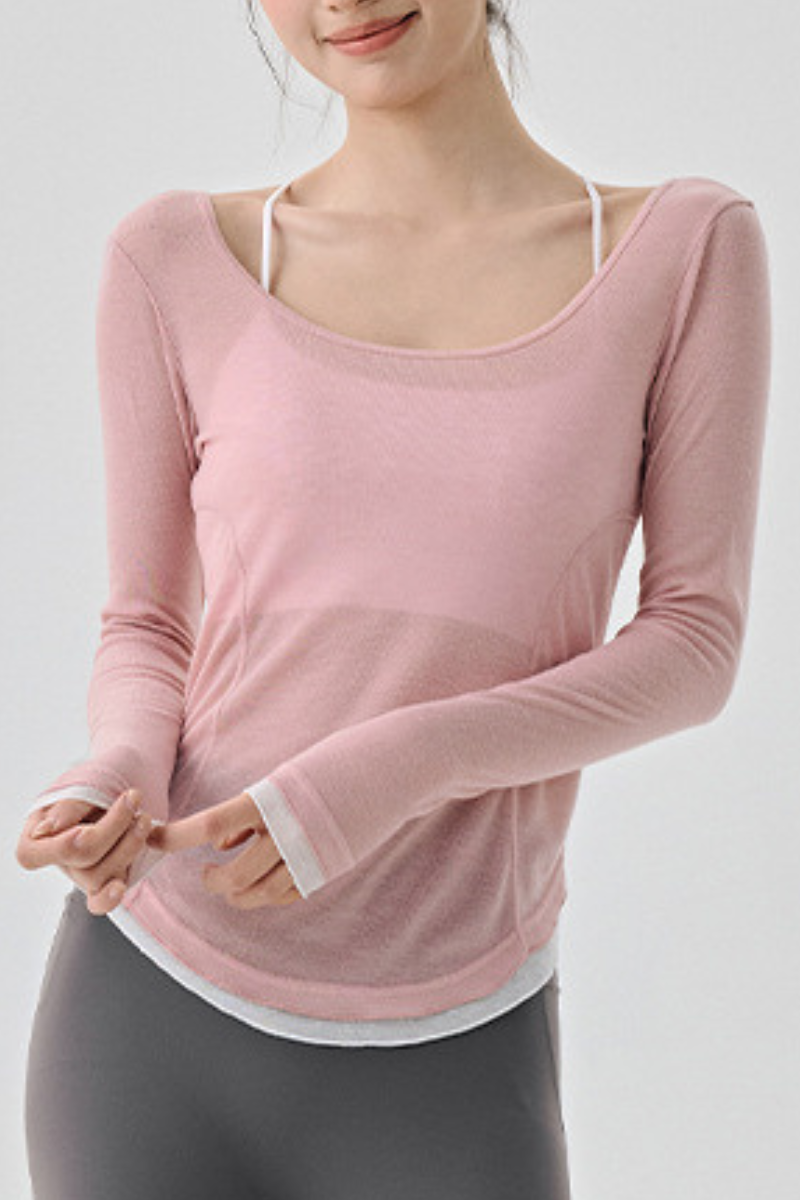 Women Spring Color-Block Dip Hem Breathable Long Sleeve Top