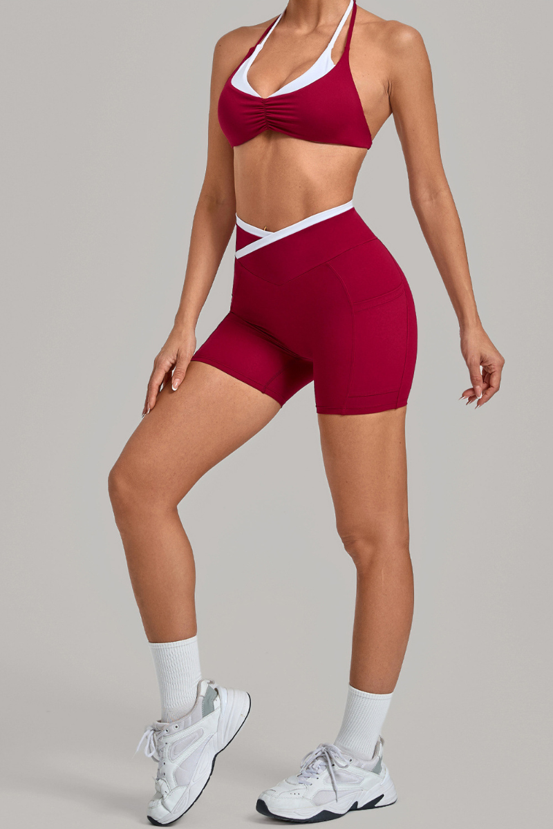 Women's Color Block Set:Halter Bra & V Waist Pocket Shorts