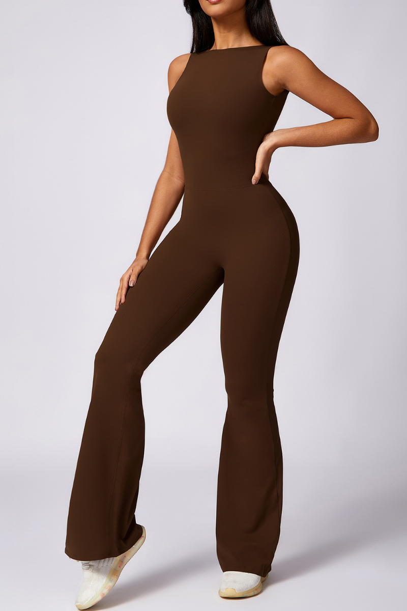 Women Pleated Buttocks Lift Padded Flared Leg Yoga Jumpsuit