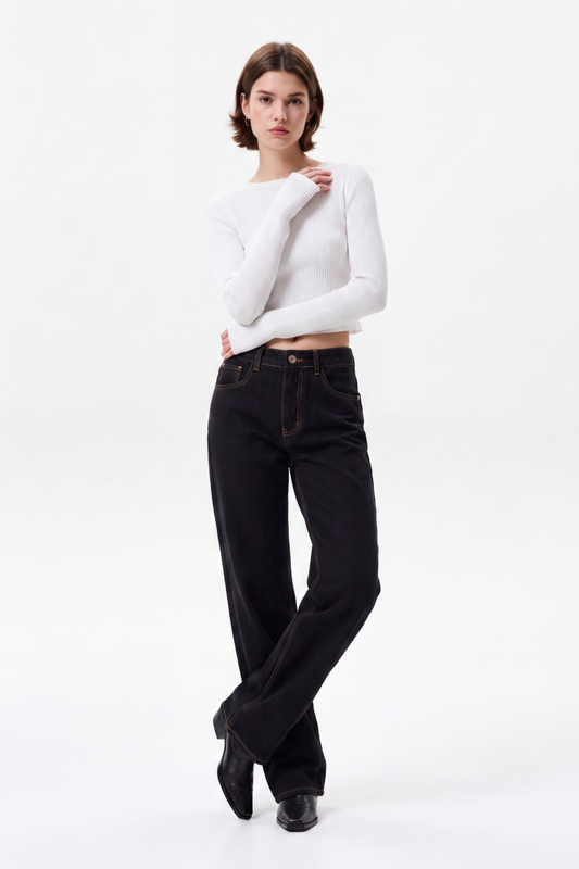Women's High Waist Black Wash Straight Leg Jeans