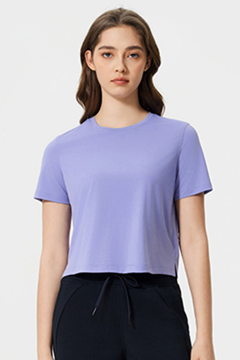 Women Round Neck Cropped Loose Quick-Dry Cool Touch Yoga Workout T-Shirt