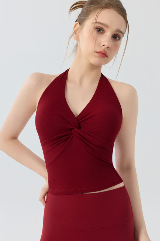 Women's Halter V-Neck Twist Front Padded Pilates Tank Top