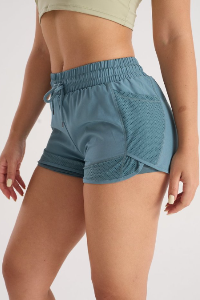 Women's Mesh Panel Drawstring Double-Layer Sports Shorts