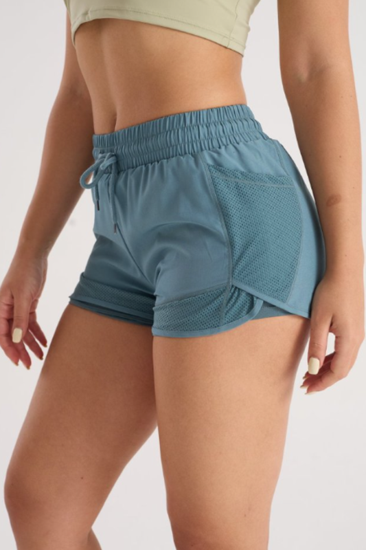 Women's Mesh Panel Drawstring Double-Layer Sports Shorts