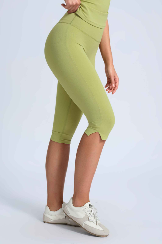 Women's High Waist Capri Leggings with Side Slit at Hem